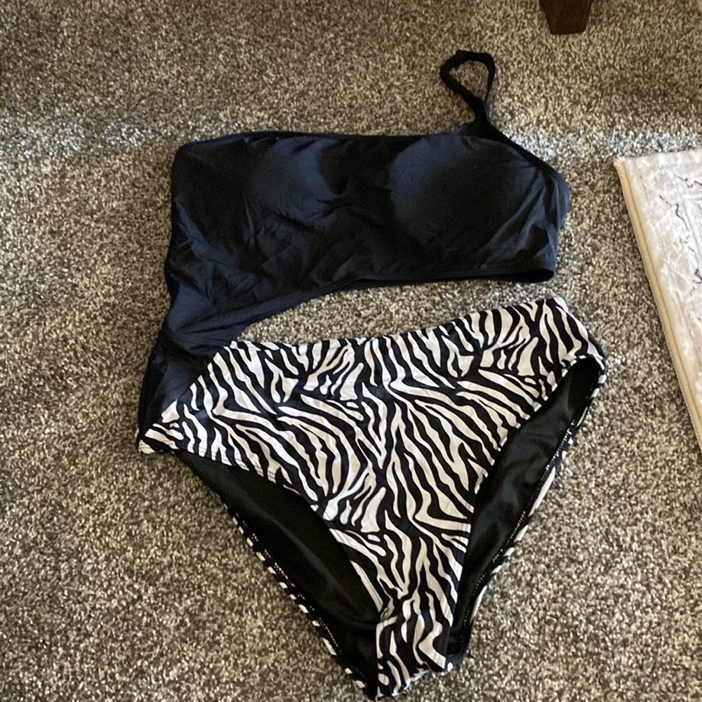 Black zebra print cut out one piece bathing suit